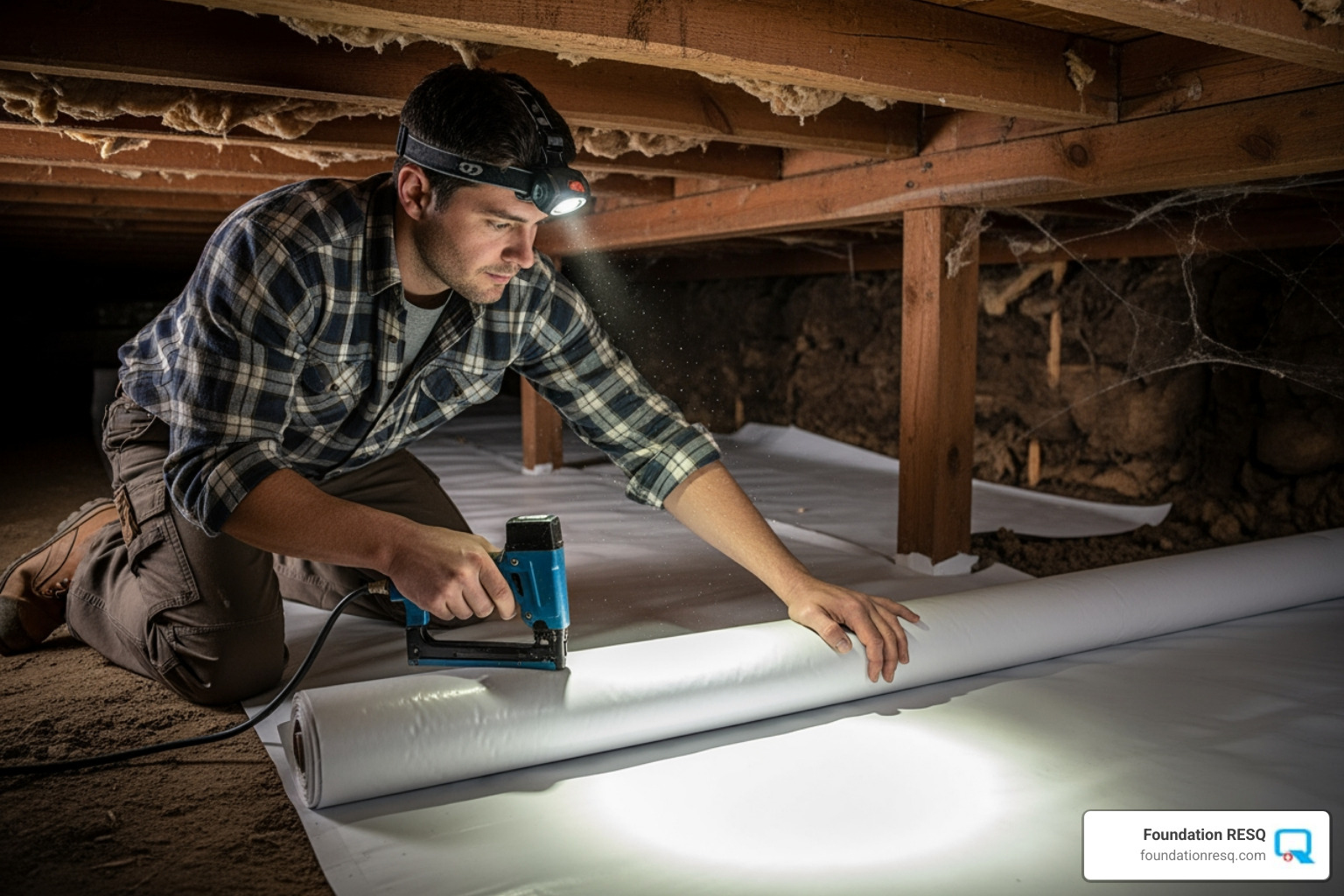 homeowner installing a vapor barrier - wet crawl space repair