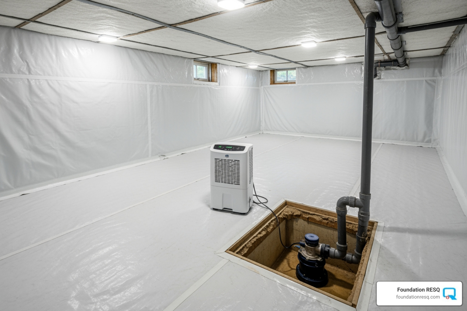 fully encapsulated crawl space with dehumidifier and sump pump - wet crawl space repair
