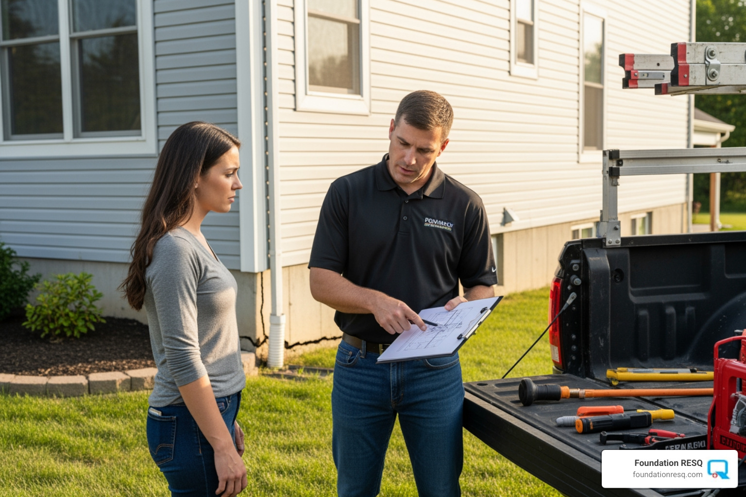A foundation repair contractor discussing an estimate with a homeowner - foundation repair contractors
