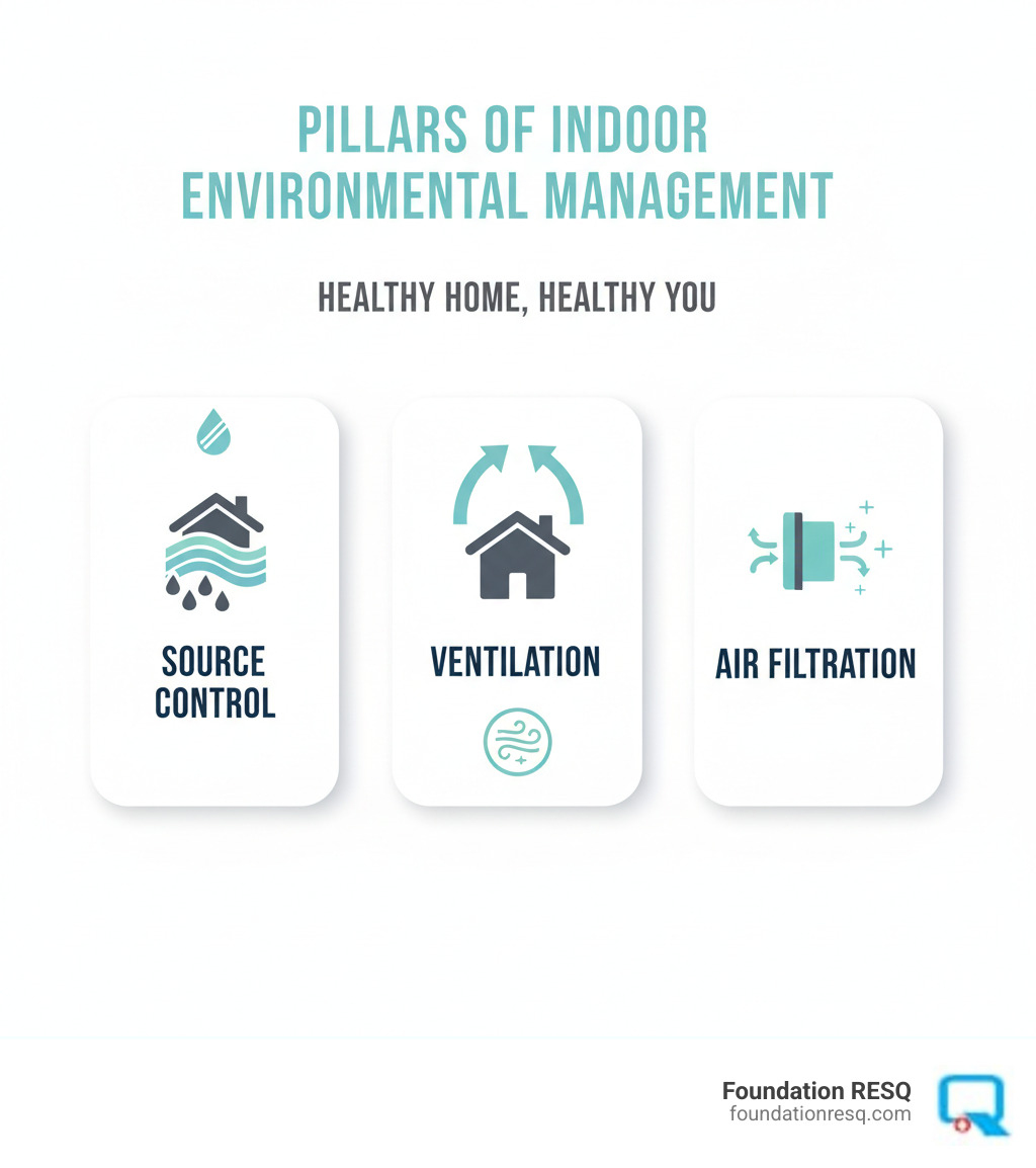 infographic showing three pillars of indoor environmental management: Source Control with moisture barrier icon, Ventilation with fresh air arrows, and Air Filtration with HVAC system diagram - indoor environmental management infographic infographic showing three pillars of indoor environmental management: Source Control with moisture barrier icon, Ventilation with fresh air arrows, and Air Filtration with HVAC system diagram - indoor environmental management infographic