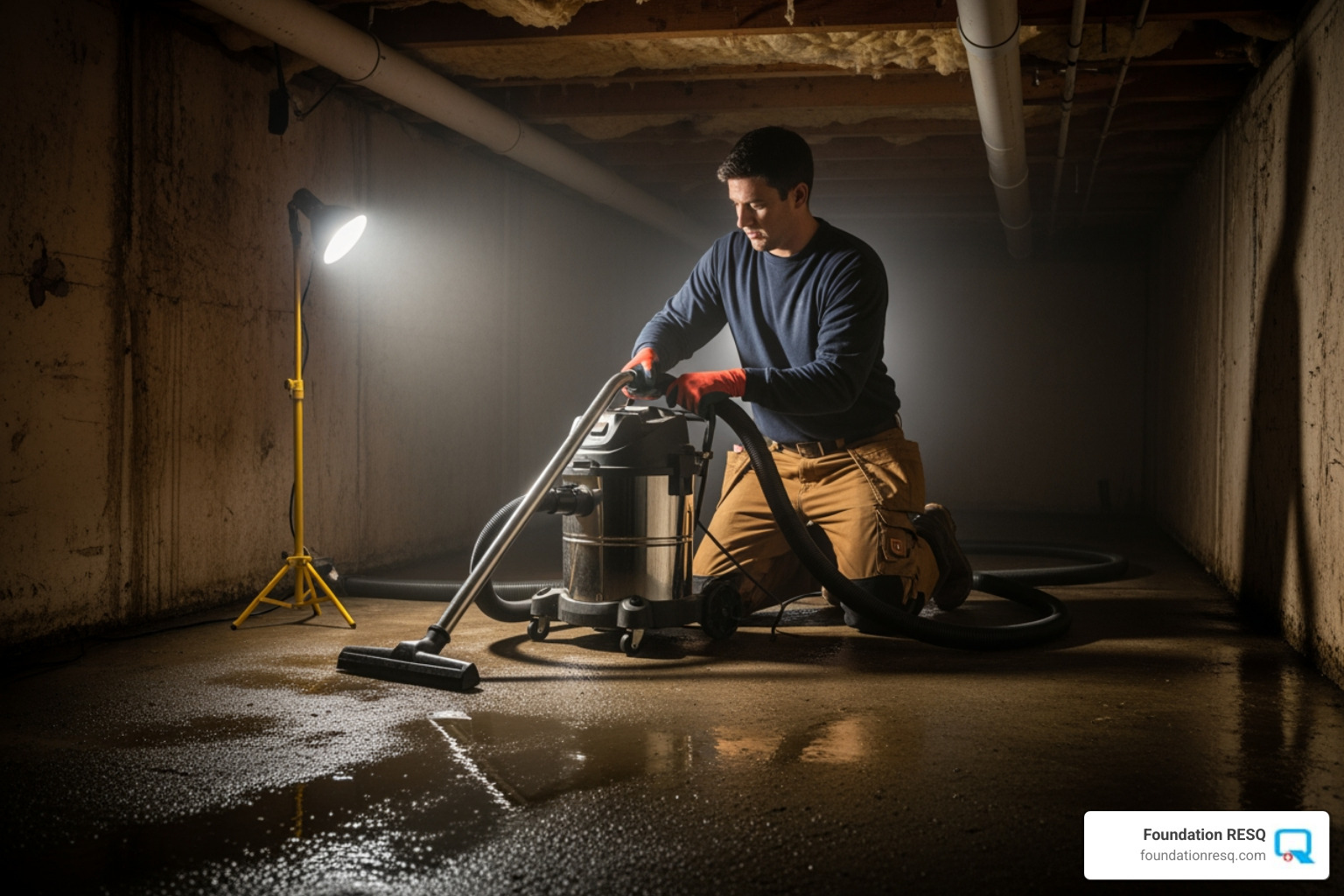 person using a wet-dry vacuum in a crawl space - crawl space water removal