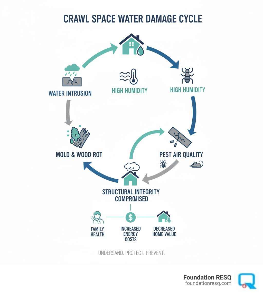 Infographic showing the cycle of crawl space water damage: water intrusion leads to high humidity, which causes mold growth and wood rot, attracting pests and compromising structural integrity, while poor air quality rises into living spaces affecting family health, increased energy costs, and decreased home value - crawl space water damage infographic 