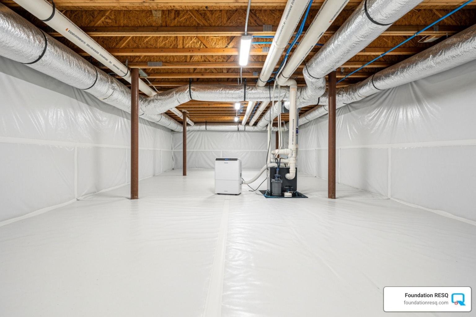 A clean, encapsulated crawl space with white vapor barrier and dehumidifier - indoor environmental management A clean, encapsulated crawl space with white vapor barrier and dehumidifier - indoor environmental management