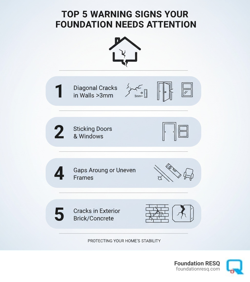 Infographic showing the top 5 warning signs your foundation needs attention: 1) Diagonal cracks in walls wider than 3mm, 2) Doors and windows that stick or won't close properly, 3) Visible gaps around door frames and window casings, 4) Noticeably sloping or uneven floors, 5) Cracks in exterior brickwork or foundation concrete - foundation experts underpinning services infographic 