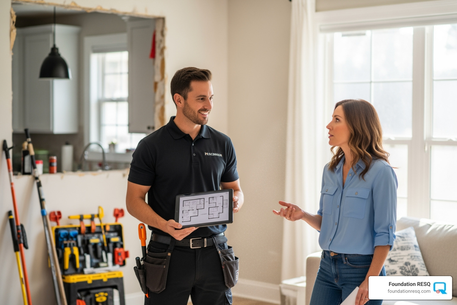 friendly, professional contractor talking with a homeowner - foundation experts underpinning services