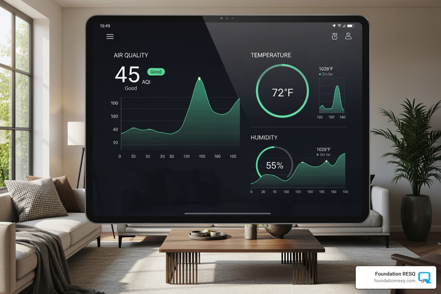 A smart home dashboard displaying real-time air quality metrics, temperature, and humidity levels - indoor environmental management A smart home dashboard displaying real-time air quality metrics, temperature, and humidity levels - indoor environmental management