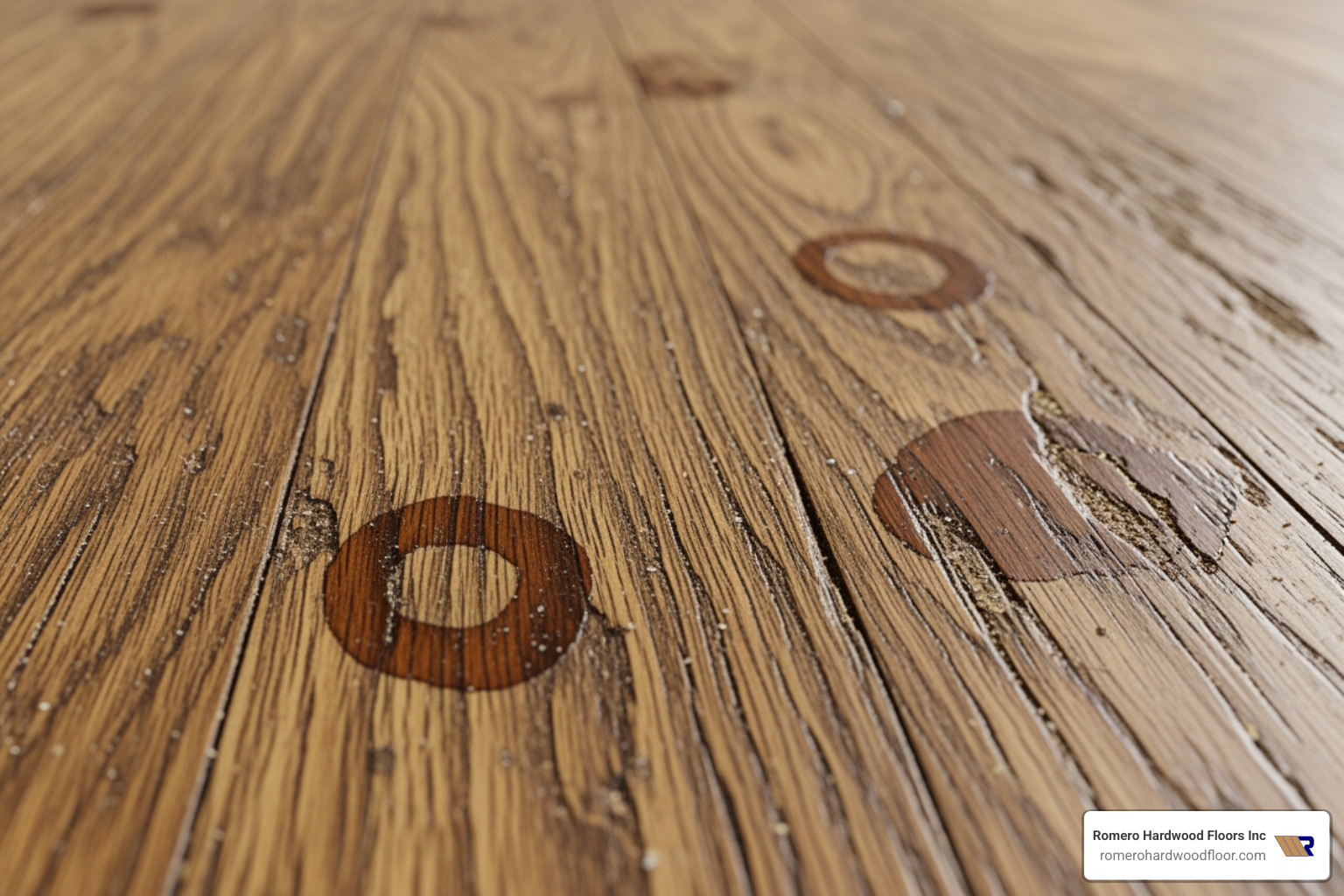 Close-up of deep scratches and water stains on a wood floor, indicating the need for refinishing - resurfacing wood floors