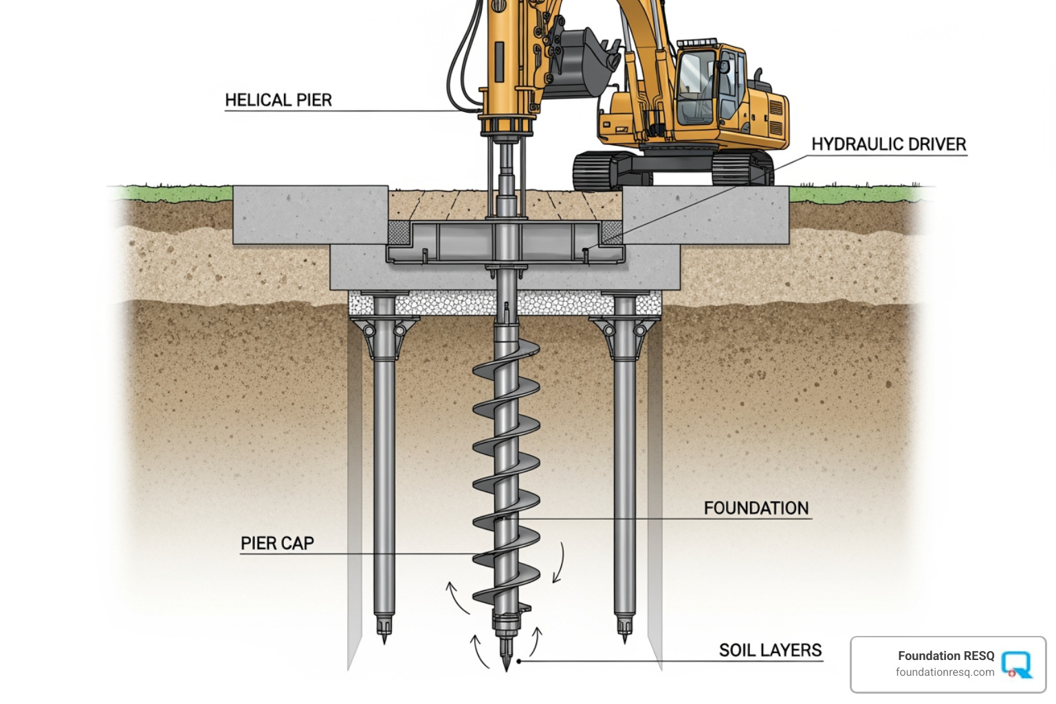 diagram of helical pier installation - foundation experts underpinning services
