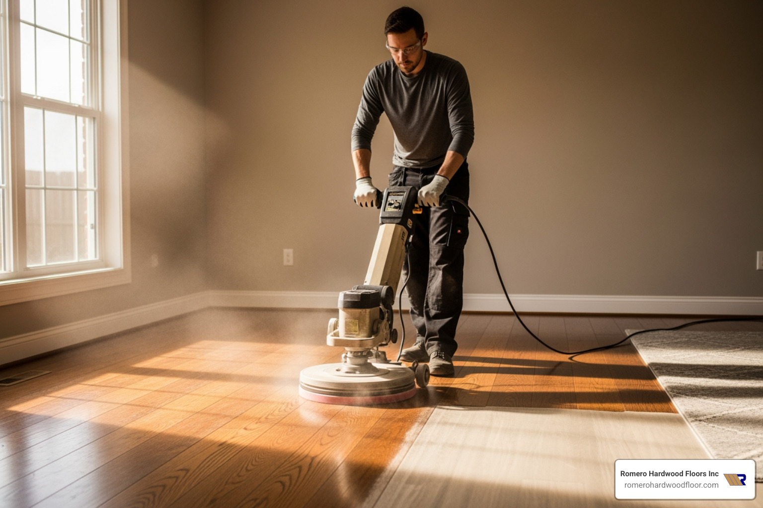 A professional using a floor buffer to lightly abrade a wood floor - resurfacing wood floors
