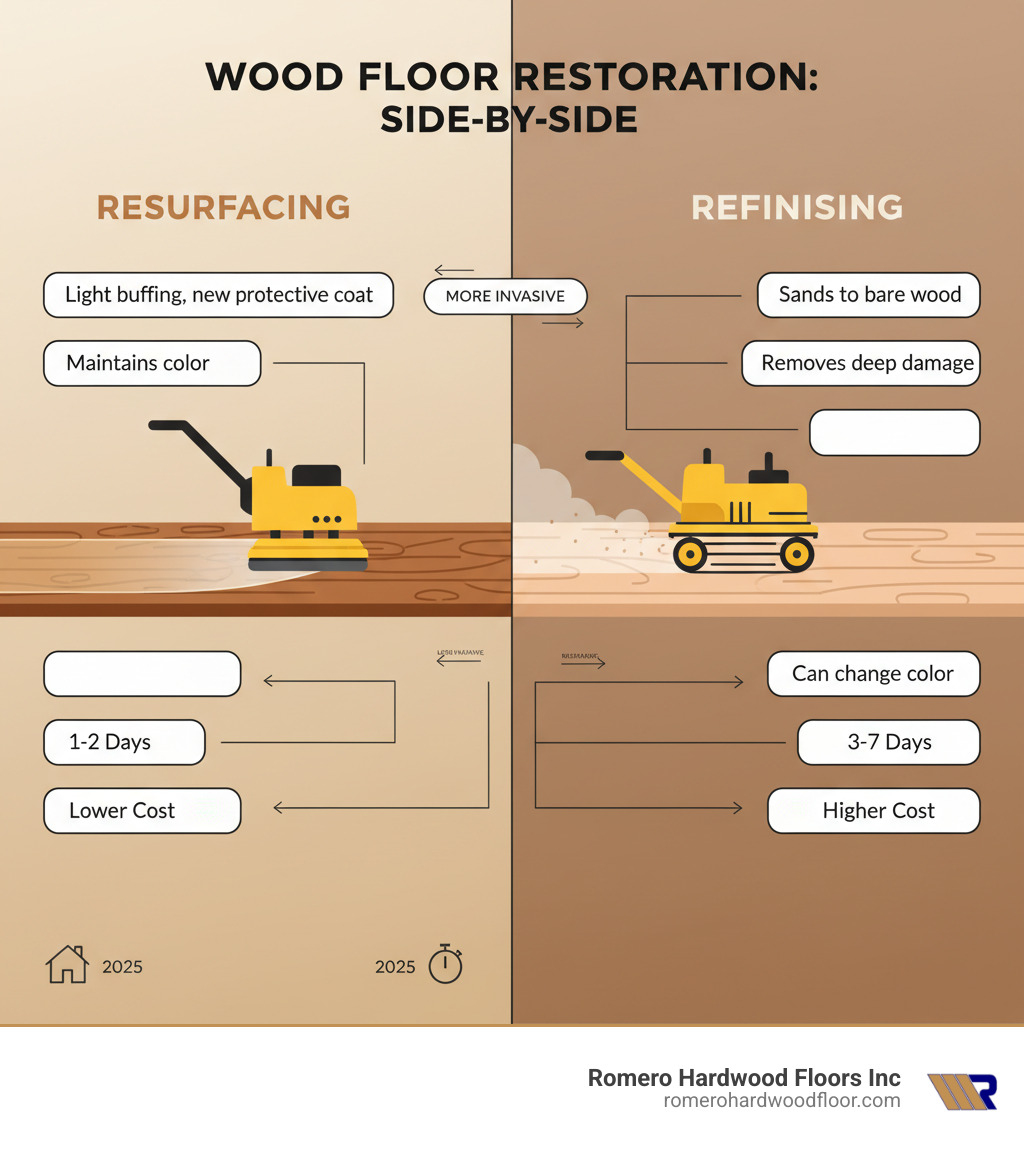 Infographic showing side-by-side comparison: Left side depicts resurfacing with a floor buffer applying a new top coat over existing finish, labeled with "Light buffing, new protective coat, maintains color, 1-2 days, lower cost"; Right side shows refinishing with a drum sander removing old finish down to bare wood, labeled with "Sands to bare wood, removes deep damage, can change color, 3-7 days, higher cost" - resurfacing wood floors infographic 