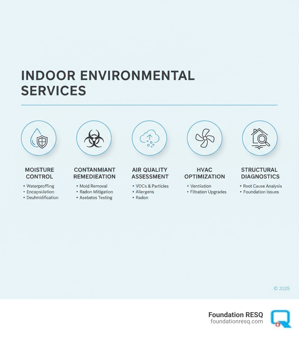 Infographic showing the key components of indoor environmental services: moisture control and waterproofing (including basement waterproofing, crawl space encapsulation, and dehumidification), contaminant remediation (mold removal, asbestos testing, radon mitigation), air quality assessment (testing for VOCs, particulates, and allergens), HVAC optimization (ventilation evaluation and filtration upgrades), and structural diagnostics (identifying root causes of moisture intrusion and foundation issues) - indoor environmental services infographic 