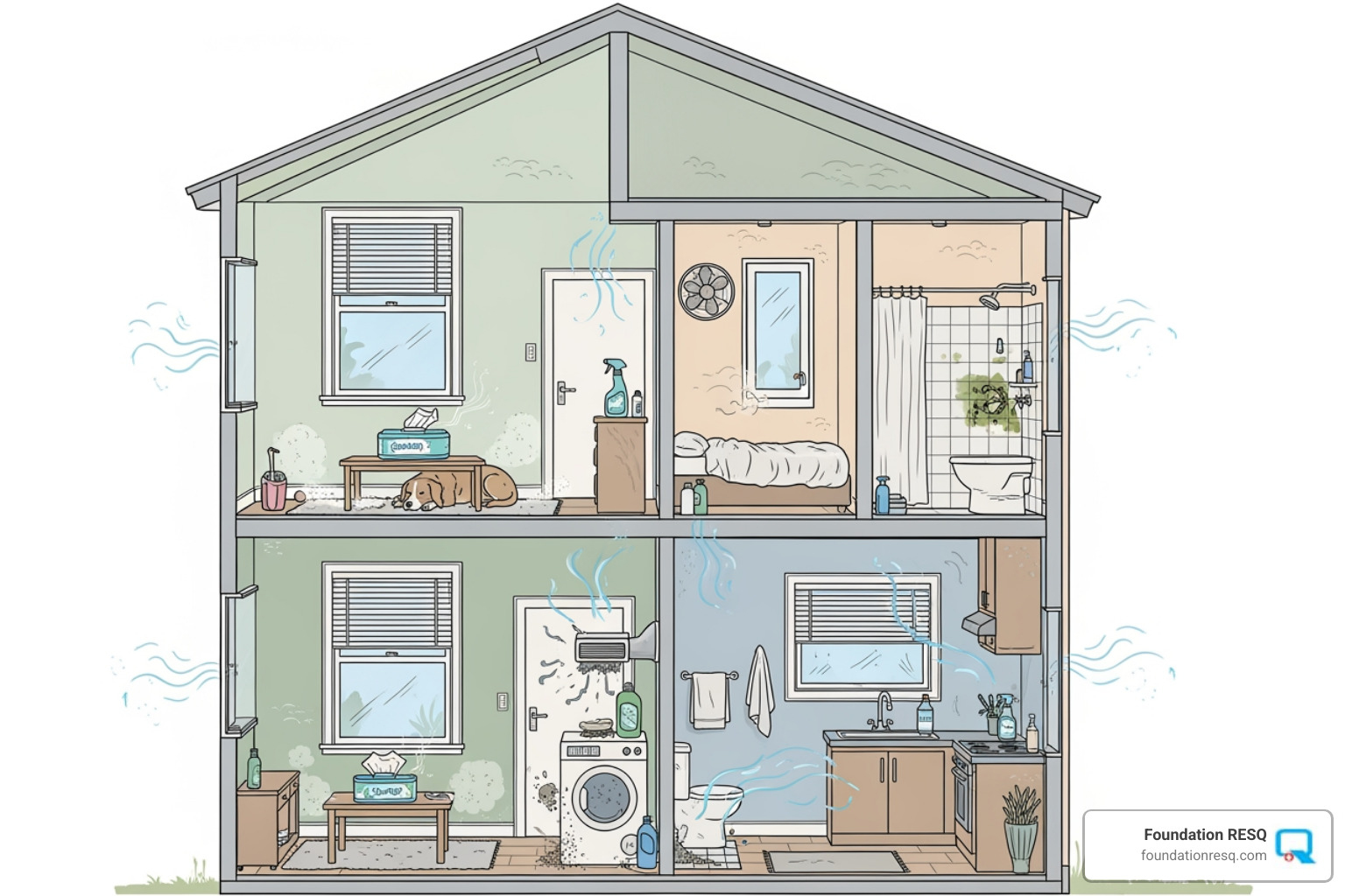 diagram showing common indoor air pollutants and their sources in a home - indoor environmental services