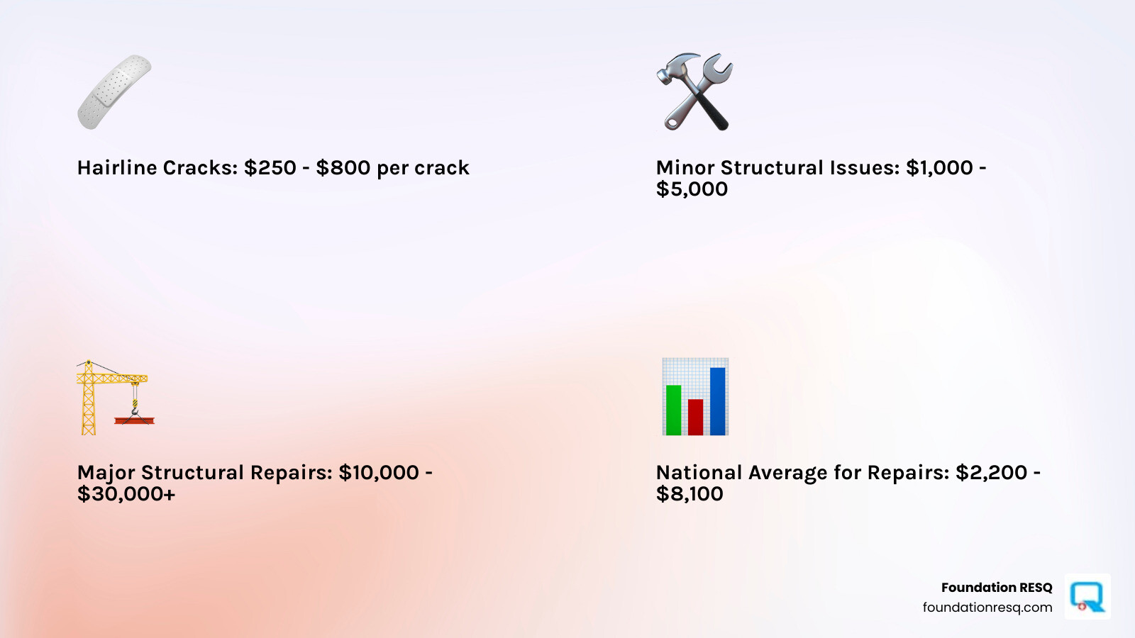 infographic showing foundation crack repair cost breakdown from $250 hairline crack sealing to $30,000+ major structural repairs, with key cost factors like crack type, foundation type, and home size illustrated - foundation crack repair cost infographic 4_facts_emoji_light-gradient