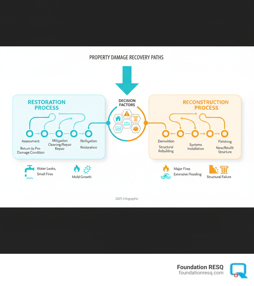 Infographic showing two paths after property damage: Left side shows Restoration process (Assessment → Mitigation → Cleaning/Repair → Restoration → Return to Pre-Damage Condition) for moderate damage scenarios like water leaks, small fires, and mold growth. Right side shows Reconstruction process (Assessment → Demolition → Structural Rebuilding → Systems Installation → Finishing → New/Rebuilt Structure) for severe damage scenarios like major fires, extensive flooding, and structural failure. Center shows decision factors: damage severity, structural integrity, safety concerns, building codes, and budget. - restoration and reconstruction infographic 