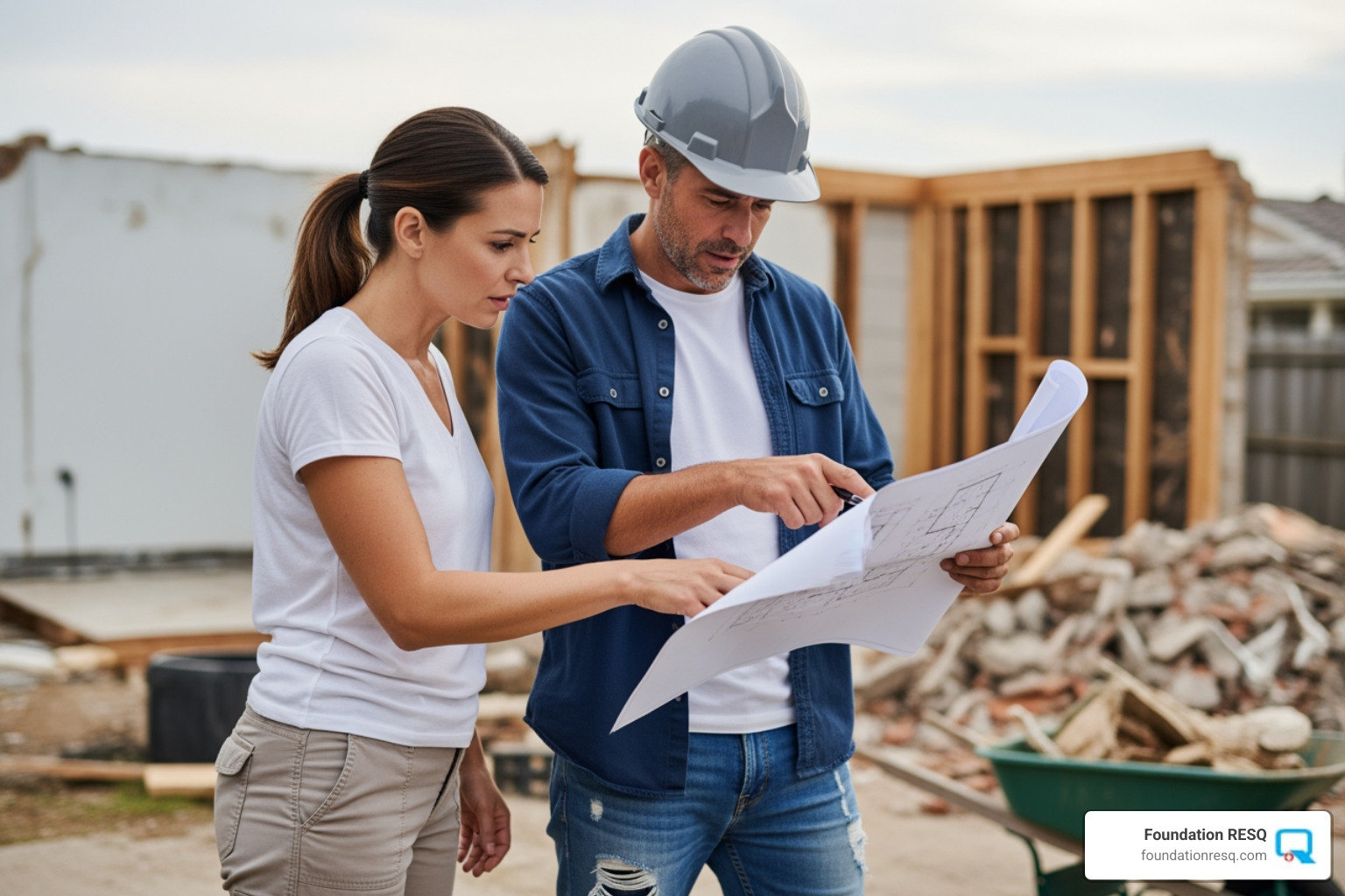 contractor and homeowner reviewing blueprints on a damaged property - restoration and reconstruction