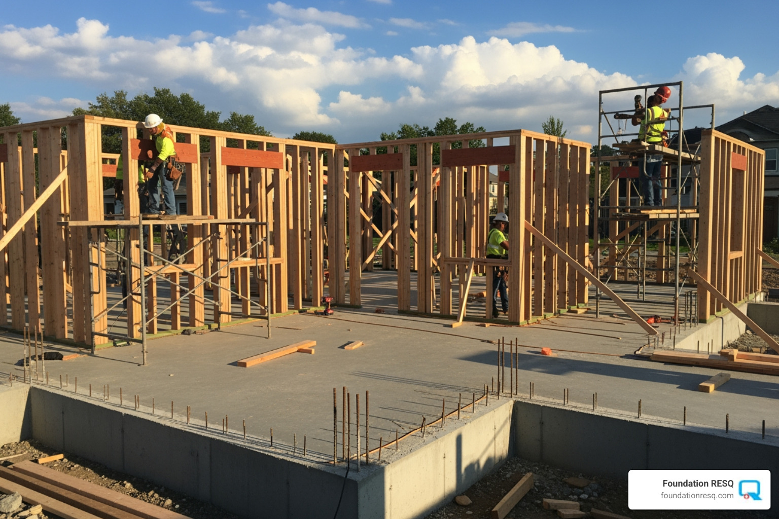 new house frame being constructed on an existing foundation - restoration and reconstruction