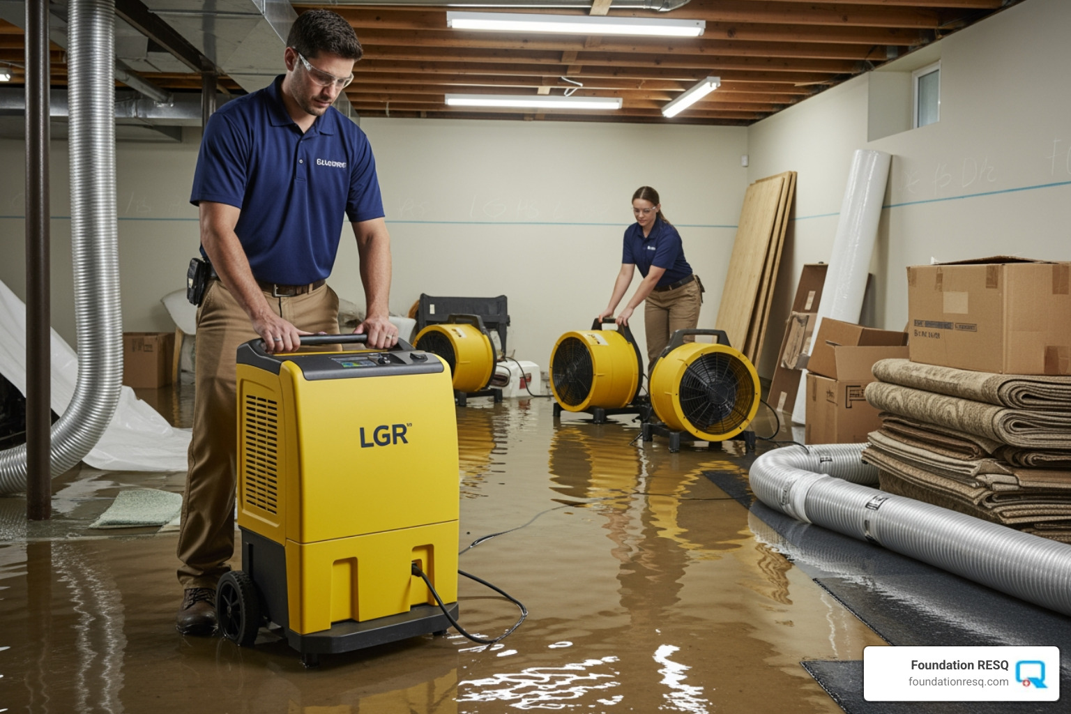 technicians using specialized drying equipment in a flooded basement - restoration and reconstruction