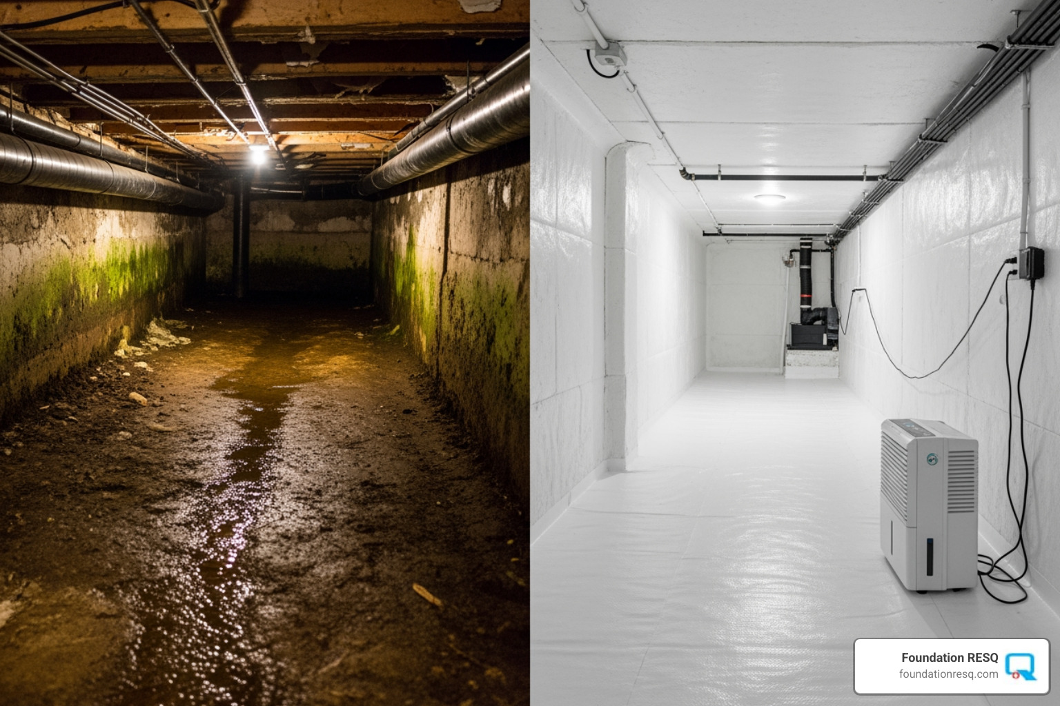 side-by-side of a damp, moldy crawl space and a clean, encapsulated one - crawl space and basement