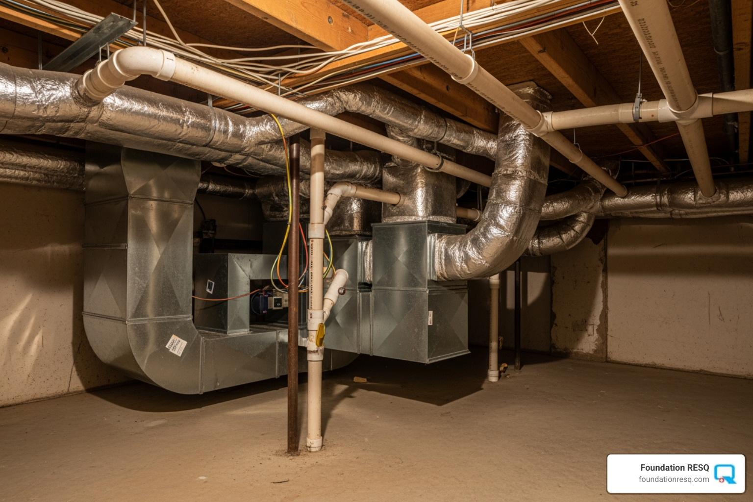 typical crawl space showing ductwork and plumbing - crawl space and basement
