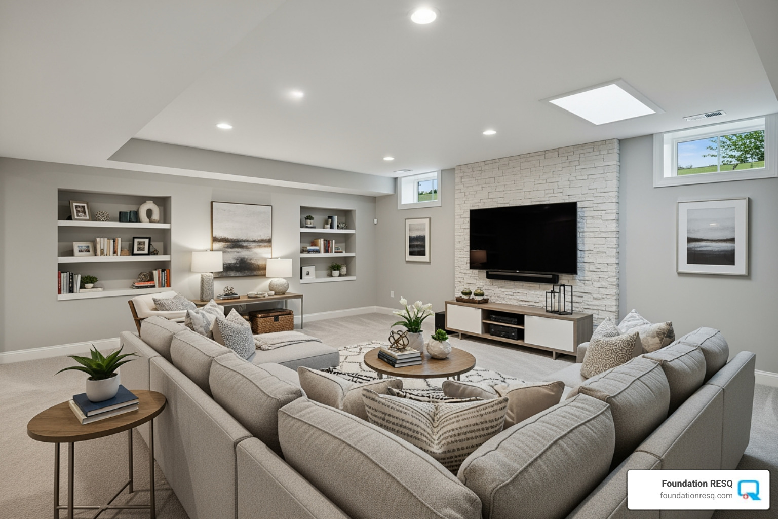 modern, well-lit finished basement used as a family room - crawl space and basement