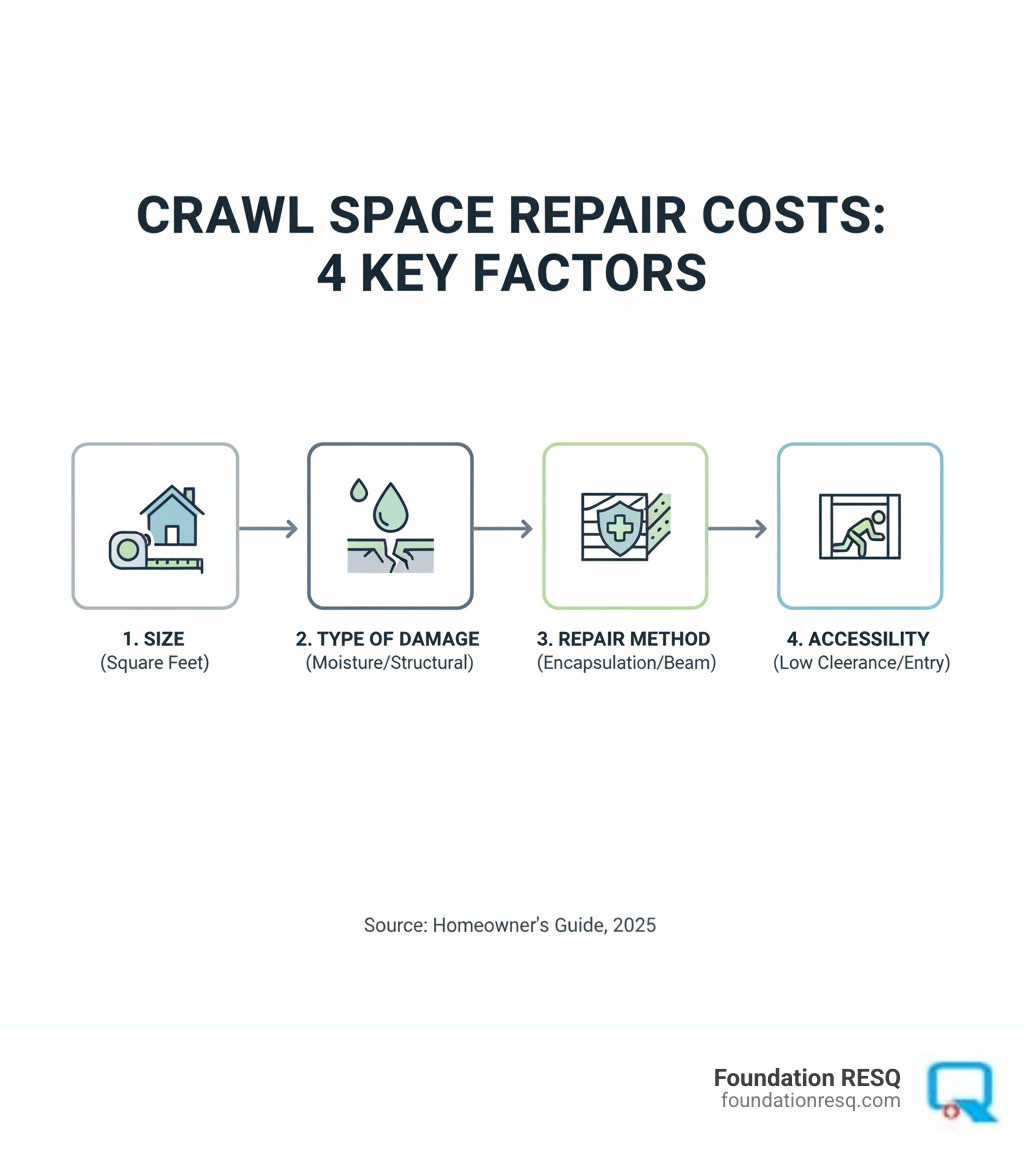 Infographic showing the four main factors that influence crawl space repair costs: Size of the crawl space in square feet, Type of damage such as moisture or structural issues, Repair method including encapsulation or beam replacement, and Accessibility challenges like low clearance or limited entry points - crawl space repair estimates infographic 