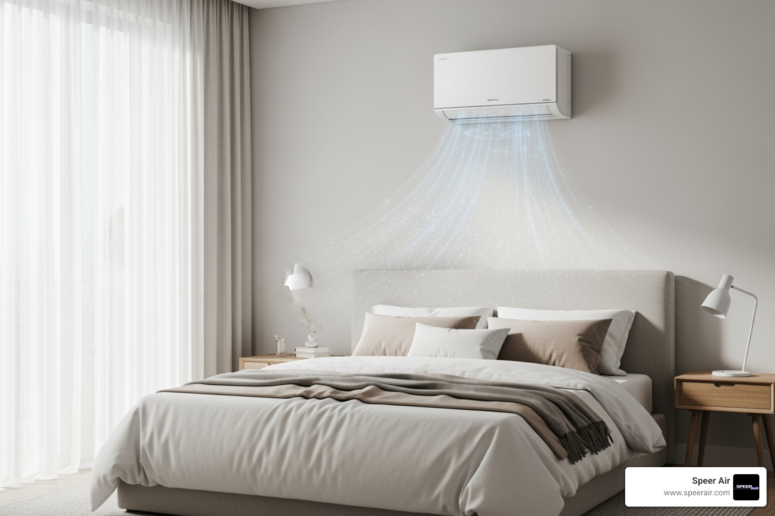 A serene bedroom being cooled by a quiet, unobtrusive ductless unit mounted on the wall, with soft, natural light filtering in. - multi zone ductless northern nj A serene bedroom being cooled by a quiet, unobtrusive ductless unit mounted on the wall, with soft, natural light filtering in. - multi zone ductless northern nj