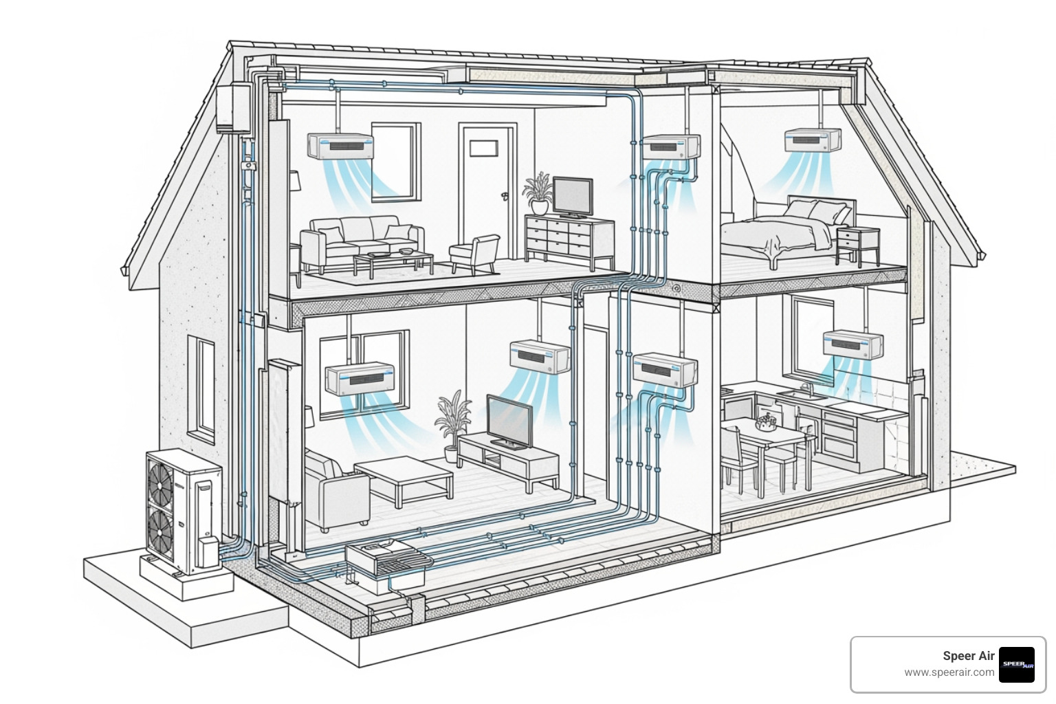 An illustration of the connection between a compact outdoor unit and multiple indoor units in different rooms, showing thin refrigerant lines passing through a small conduit in the wall. - multi zone ductless northern nj An illustration of the connection between a compact outdoor unit and multiple indoor units in different rooms, showing thin refrigerant lines passing through a small conduit in the wall. - multi zone ductless northern nj