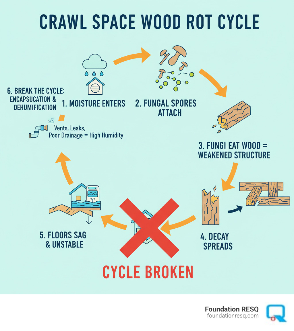 Infographic showing the cycle of crawl space wood rot: moisture enters crawl space through vents, leaks, or poor drainage, creating high humidity; fungal spores attach to damp wood; fungi consume wood fibers, weakening structural integrity; wood decay spreads to joists and beams; floors above sag and become unstable; addressing moisture through encapsulation and dehumidification breaks the cycle - Crawl space wood rot infographic Infographic showing the cycle of crawl space wood rot: moisture enters crawl space through vents, leaks, or poor drainage, creating high humidity; fungal spores attach to damp wood; fungi consume wood fibers, weakening structural integrity; wood decay spreads to joists and beams; floors above sag and become unstable; addressing moisture through encapsulation and dehumidification breaks the cycle - Crawl space wood rot infographic