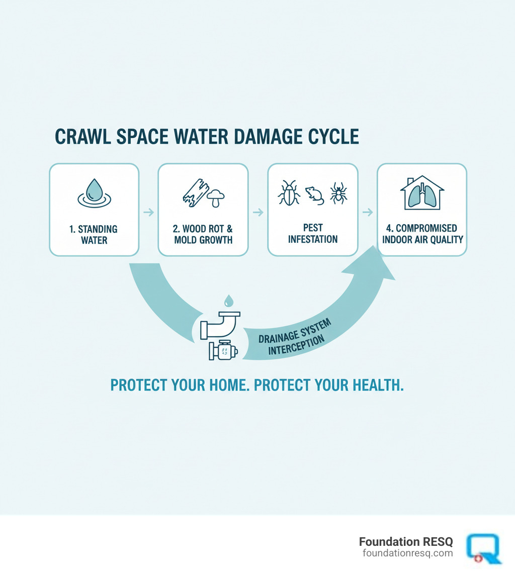 infographic showing the progression of crawl space water damage from standing water to wood rot, mold growth, pest infestation, and compromised indoor air quality, with arrows indicating how a drainage system intercepts this process - crawl space drainage system infographic