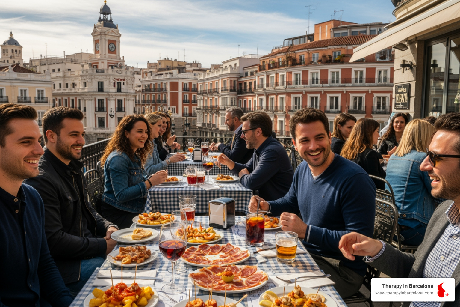 People enjoying tapas on a sunny terrace - moving to madrid as an american