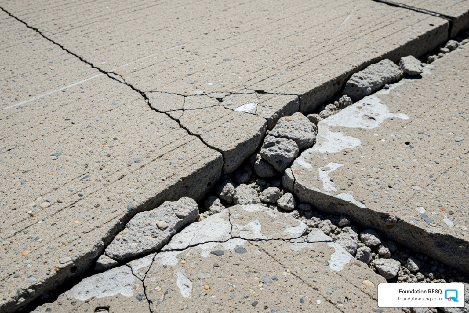Image of a concrete slab with a large, unsightly crack caused by an amateur attempt at lifting, showing clear signs of over-injection and damage - concrete slab jacking Image of a concrete slab with a large, unsightly crack caused by an amateur attempt at lifting, showing clear signs of over-injection and damage - concrete slab jacking