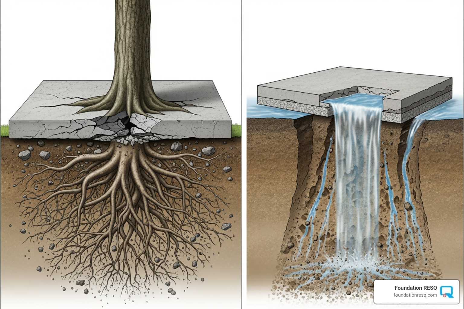 Illustration of tree roots growing under a concrete slab, causing it to lift and crack, with additional images showing water eroding soil from beneath another slab - concrete slab jacking Illustration of tree roots growing under a concrete slab, causing it to lift and crack, with additional images showing water eroding soil from beneath another slab - concrete slab jacking