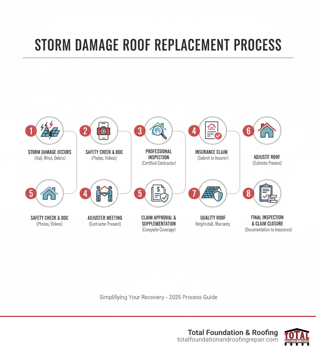 Infographic showing the complete storm damage roof replacement process: Step 1 - Storm Damage Occurs (hail, wind, debris impact), Step 2 - Safety Check and Initial Documentation (photos, videos of damage), Step 3 - Professional Inspection (certified contractor assessment), Step 4 - Insurance Claim Filing (submit documentation to insurer), Step 5 - Adjuster Meeting (contractor present to advocate), Step 6 - Claim Approval and Supplementation (negotiate for complete coverage), Step 7 - Quality Roof Replacement (certified installation with warranty), Step 8 - Final Inspection and Claim Closure (documentation submitted to insurance) - storm damage roof replacement company infographic 