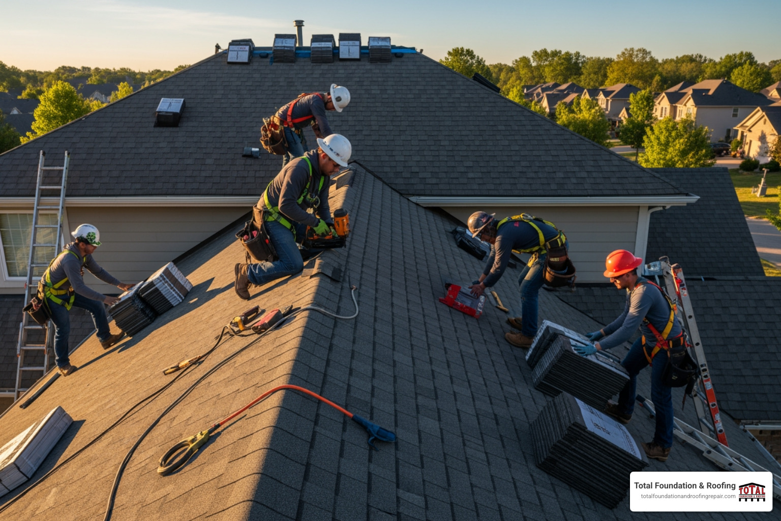 of a roofing crew professionally installing new asphalt shingles on a residential home. - storm damage roof replacement company