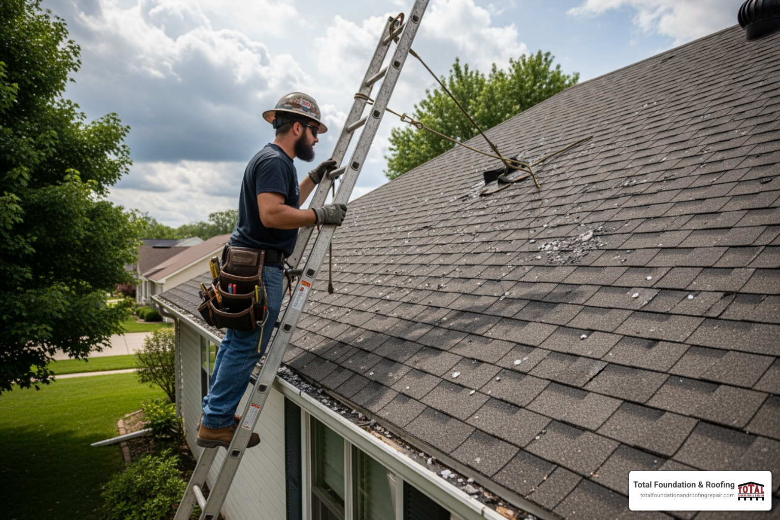 of a roofer on a ladder inspecting hail damage on an asphalt shingle roof. - storm damage roof replacement company