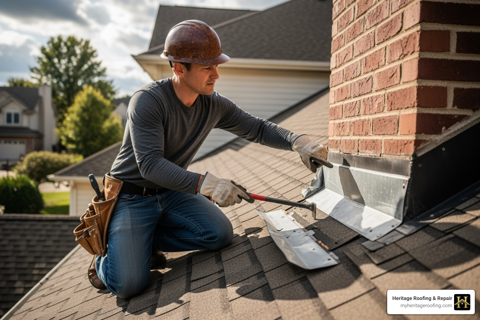 Roofer inspecting damaged flashing around a chimney - roof leak repair
