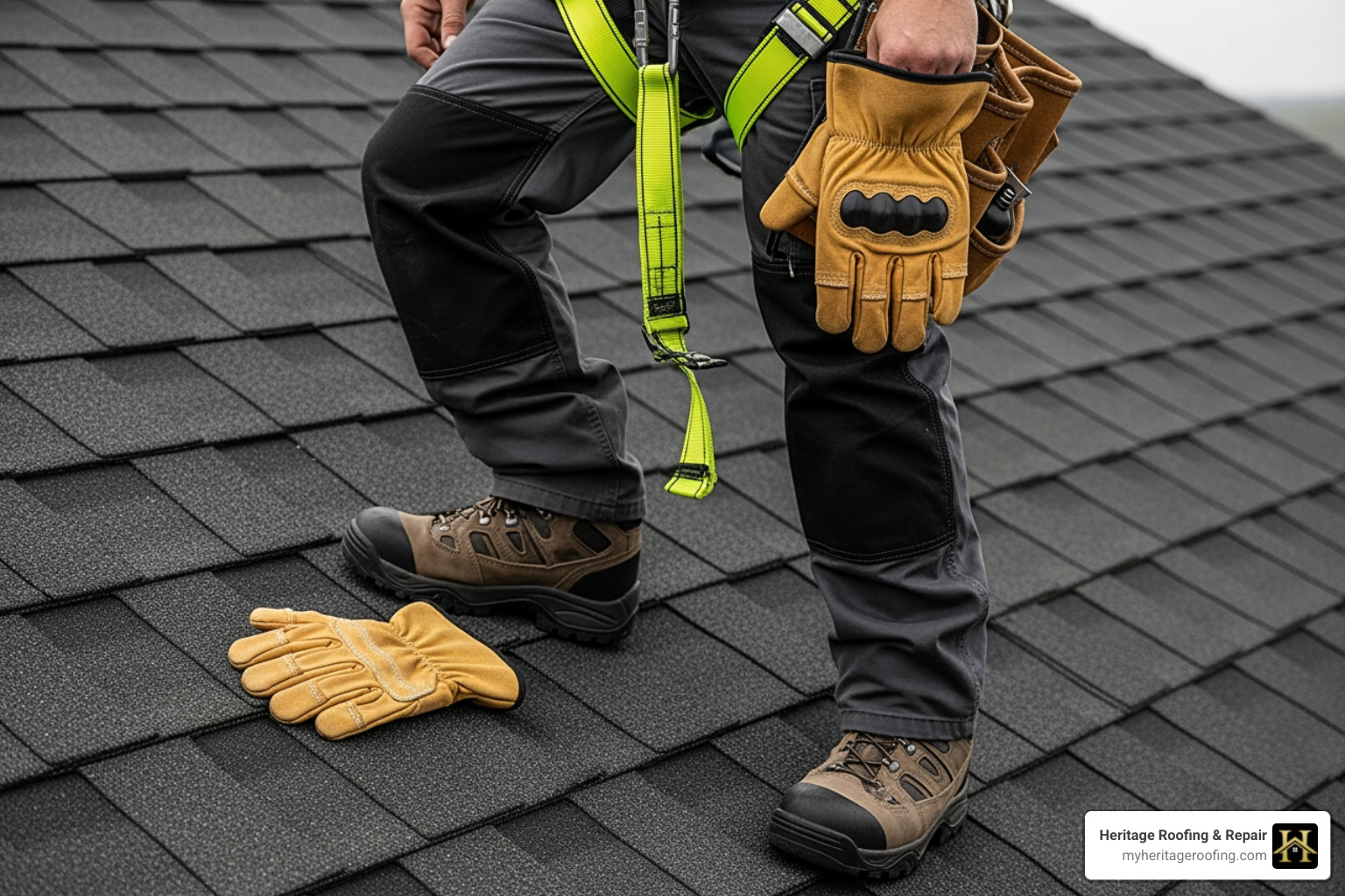 Proper roofing safety gear including a harness, gloves, and non-slip boots - roof leak repair