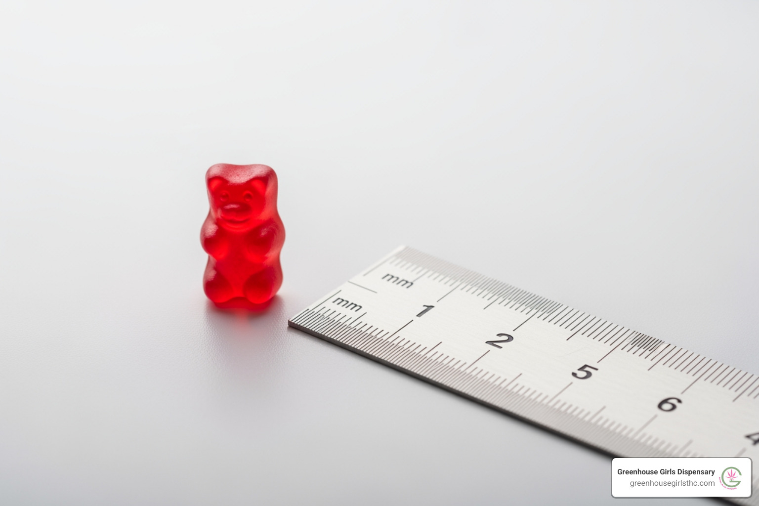 single gummy bear next to a ruler to visually represent portioning for microdosing - weed edibles online