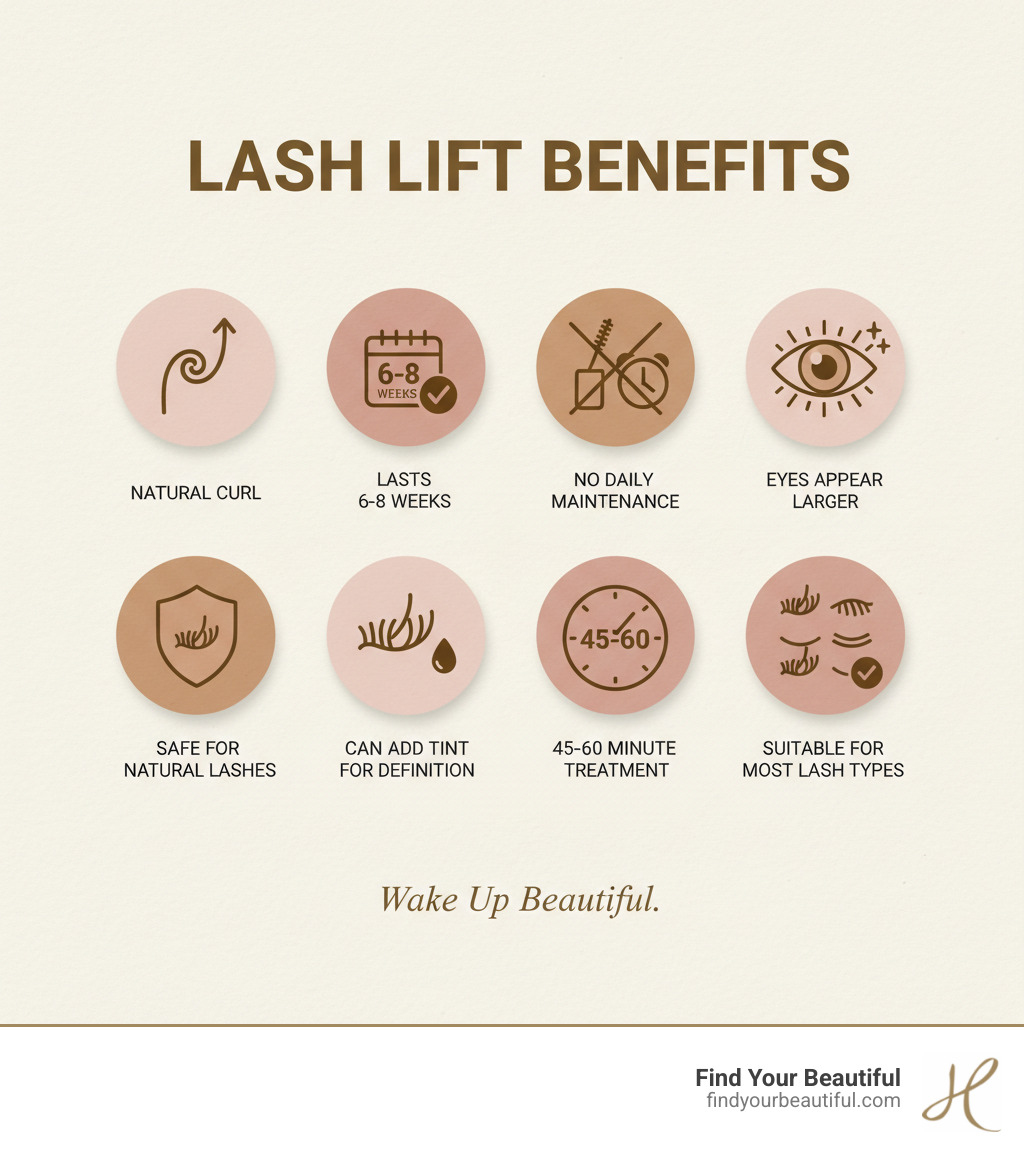 infographic showing lash lift benefits: natural curl from root to tip, 6-8 weeks of results, no daily maintenance required, makes eyes appear larger and more open, safe for natural lashes, can be combined with tinting for darker definition, takes 45-60 minutes, suitable for most lash types - lash lift near me infographic 