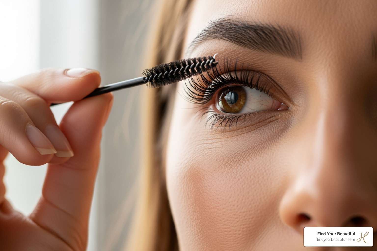 woman gently brushing her lifted lashes with a clean spoolie - lash lift near me