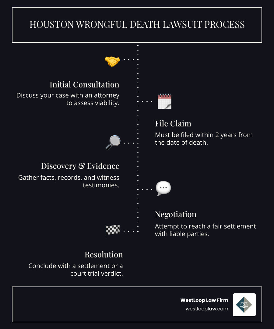 Infographic showing the wrongful death lawsuit process in Houston: Step 1 - Free consultation with attorney; Step 2 - File claim within 2 years of death; Step 3 - Investigation and evidence gathering; Step 4 - Negotiation with insurance companies; Step 5 - Settlement or trial; Key eligibility: spouse, children, or parents can file; Recoverable damages include lost income, medical bills, funeral costs, loss of companionship, and mental anguish - Wrongful death lawsuit Houston infographic infographic-line-5-steps-dark Infographic showing the wrongful death lawsuit process in Houston: Step 1 - Free consultation with attorney; Step 2 - File claim within 2 years of death; Step 3 - Investigation and evidence gathering; Step 4 - Negotiation with insurance companies; Step 5 - Settlement or trial; Key eligibility: spouse, children, or parents can file; Recoverable damages include lost income, medical bills, funeral costs, loss of companionship, and mental anguish - Wrongful death lawsuit Houston infographic infographic-line-5-steps-dark