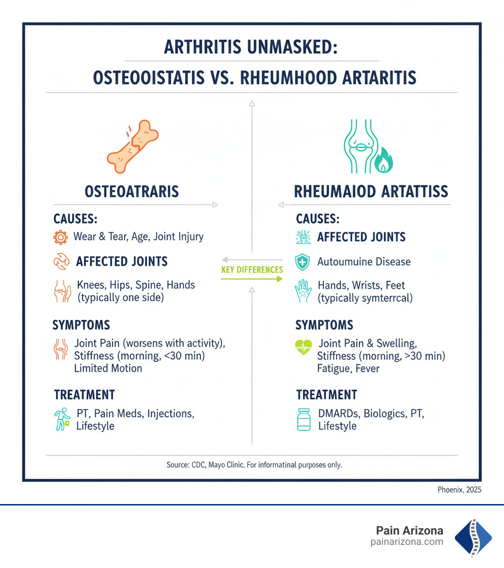 Infographic comparing osteoarthritis and rheumatoid arthritis, showing key differences in causes, affected joints, symptoms, and treatment approaches - arthritis pain Phoenix infographic Infographic comparing osteoarthritis and rheumatoid arthritis, showing key differences in causes, affected joints, symptoms, and treatment approaches - arthritis pain Phoenix infographic