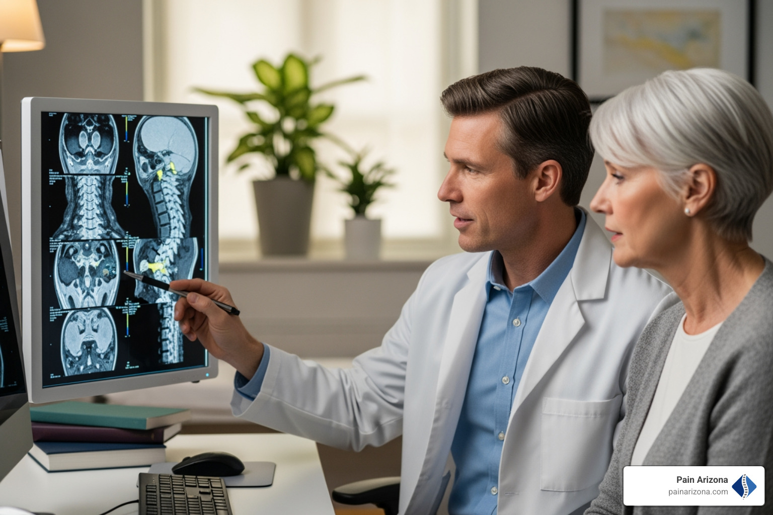 doctor reviewing an MRI of a cervical spine with a patient - neck pain Chandler AZ