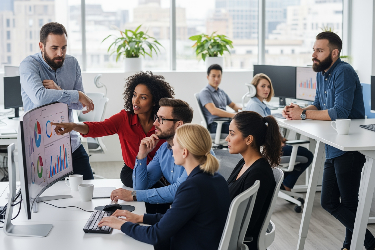 team collaborating around a computer showing analytics data - local seo firm