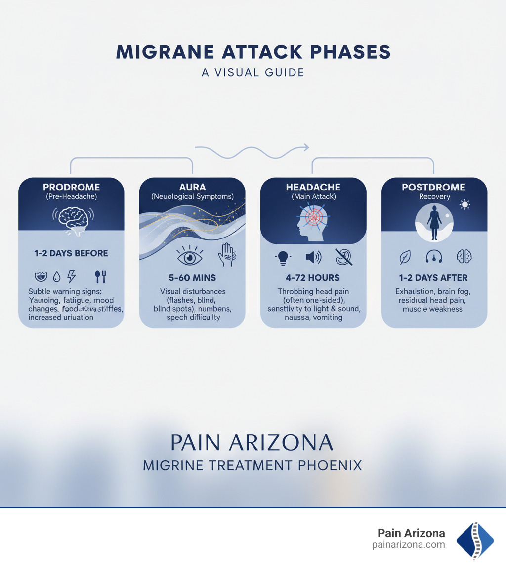 Infographic explaining the four phases of a migraine attack - migraine treatment phoenix infographic 