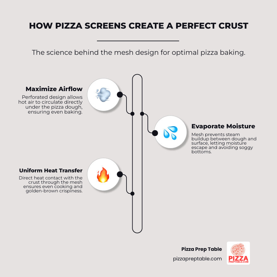 infographic showing cross-section of pizza on screen with arrows indicating hot air circulation through perforations, moisture escaping upward, and heat transferring directly to crust for crispy bottom - pizza screens infographic infographic-line-3-steps-elegant_beige