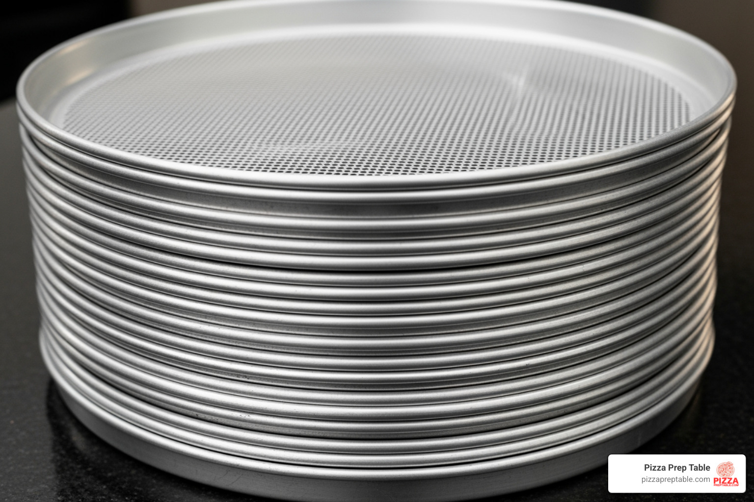 a stack of aluminum pizza screens - pizza screens