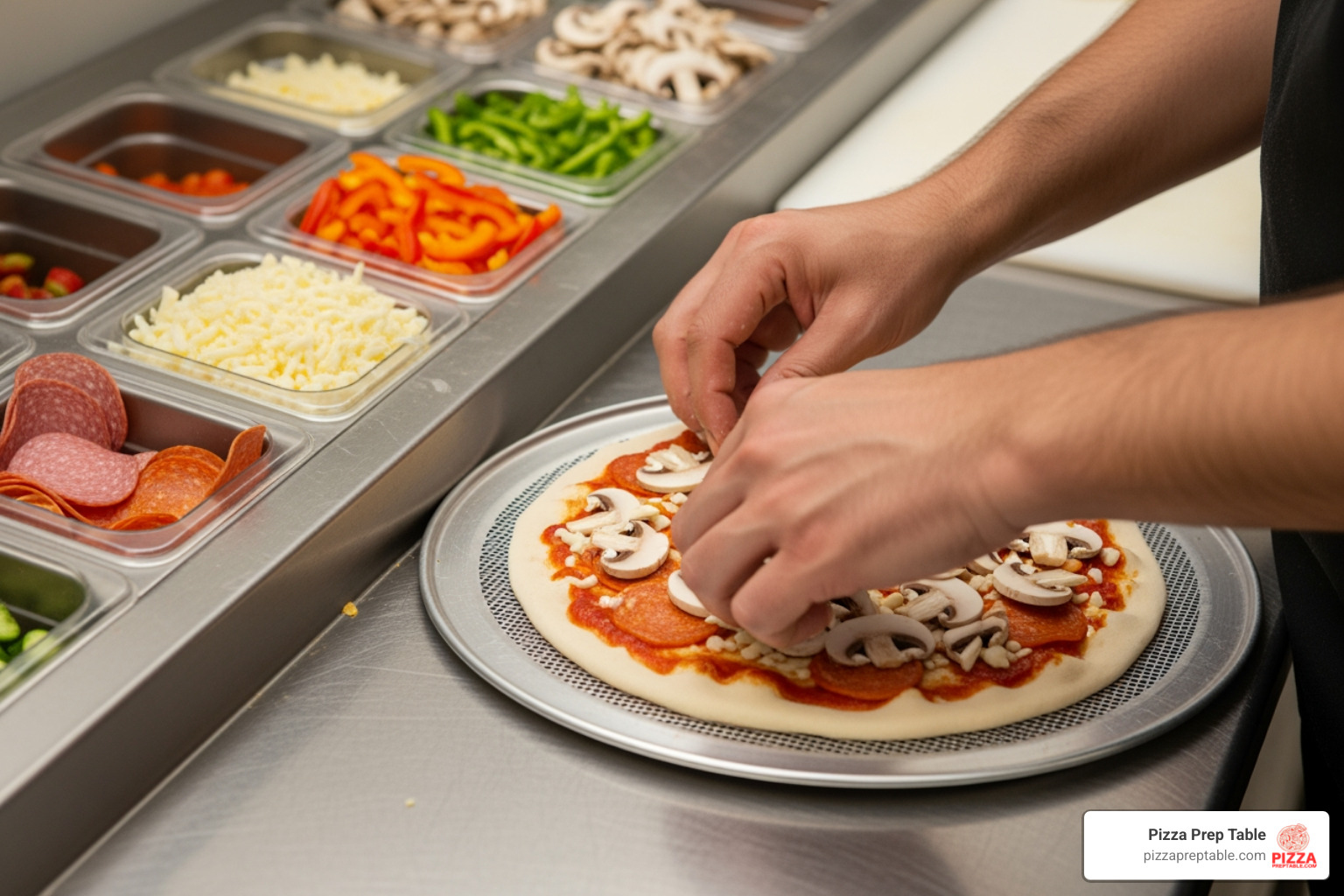 a pizza being assembled on a screen at a commercial pizza prep table - pizza screens