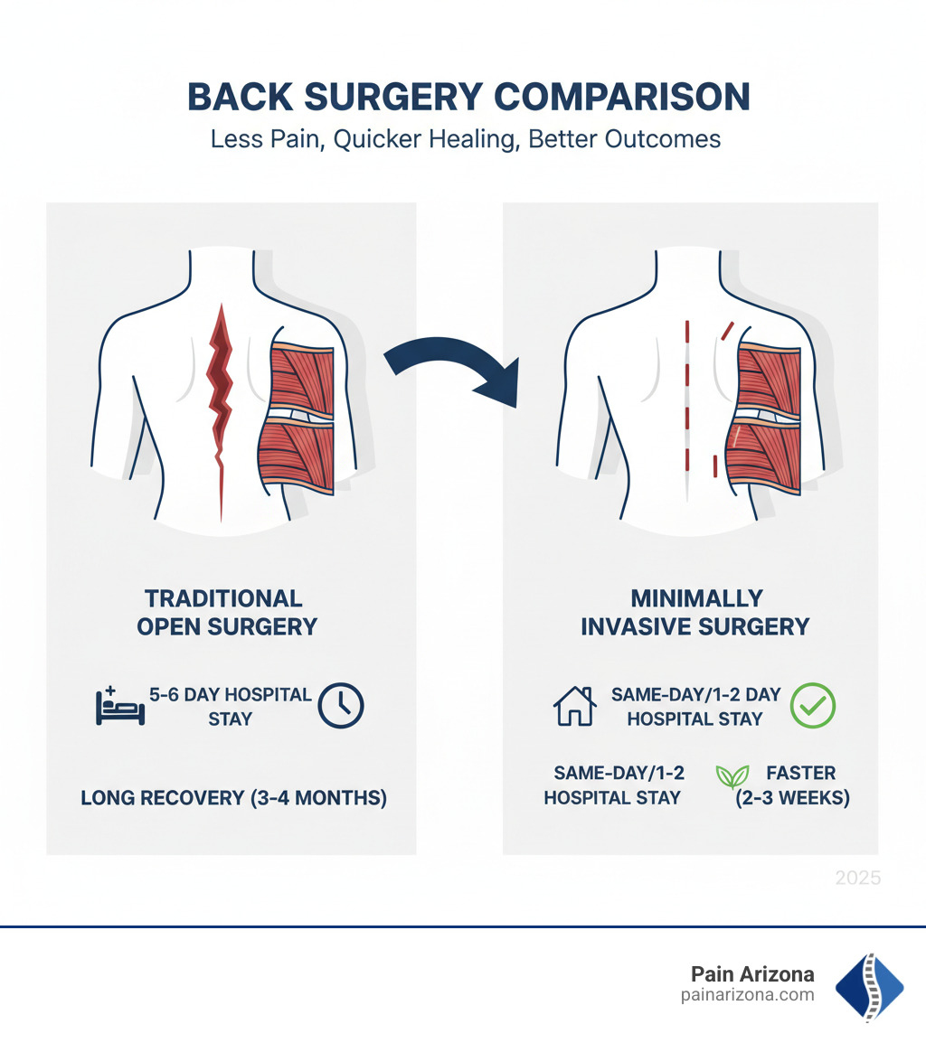 Infographic comparing traditional open back surgery vs minimally invasive back surgery showing 5-6 inch incisions with extensive muscle cutting and longer hospital stays versus ½-1 inch incisions with minimal muscle disruption and same-day or 1-2 day hospital stays - minimally invasive back surgery infographic 