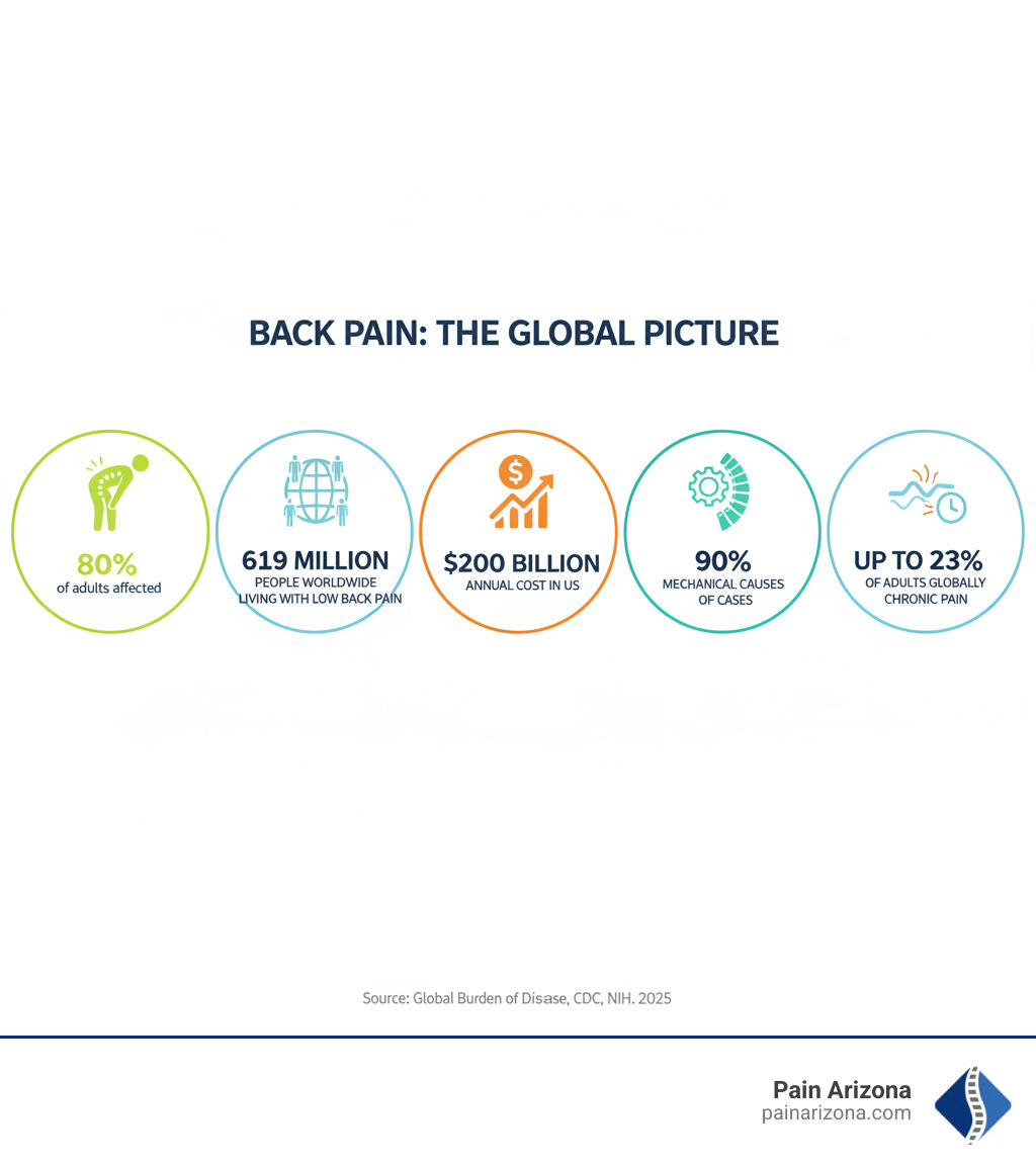 infographic showing back pain statistics: 80% of adults affected, 619 million people worldwide living with low back pain, $200 billion annual cost in US, mechanical causes account for 90% of cases, chronic pain affects up to 23% of adults globally - back pain causes infographic infographic showing back pain statistics: 80% of adults affected, 619 million people worldwide living with low back pain, $200 billion annual cost in US, mechanical causes account for 90% of cases, chronic pain affects up to 23% of adults globally - back pain causes infographic